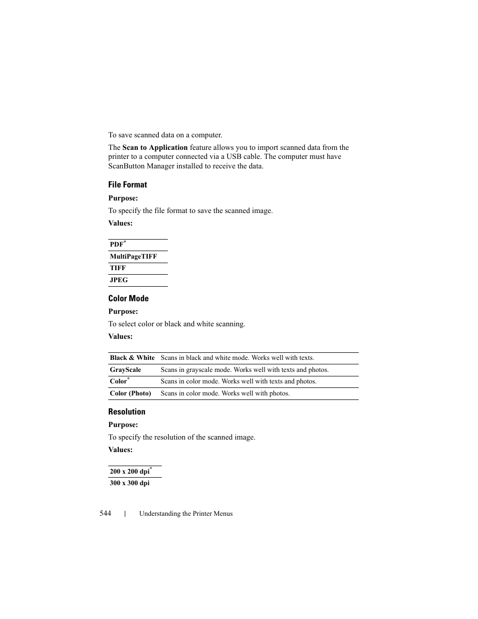 File format, Color mode, Resolution | Dell 2155cn/cdn Color Laser Printer User Manual | Page 546 / 761