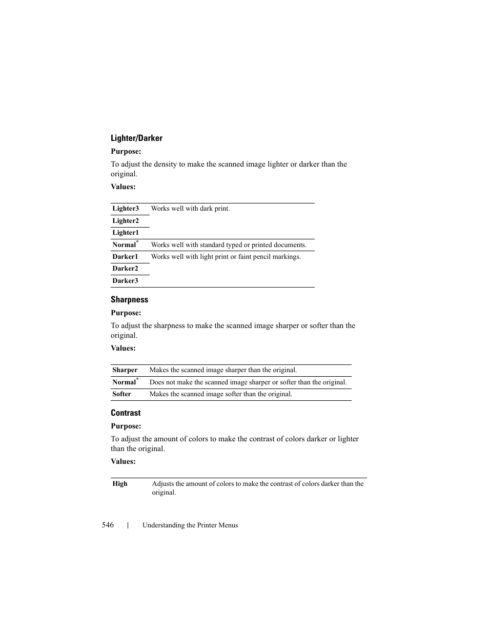 Lighter/darker, Sharpness, Contrast | Dell 2155cn/cdn Color Laser Printer User Manual | Page 548 / 761