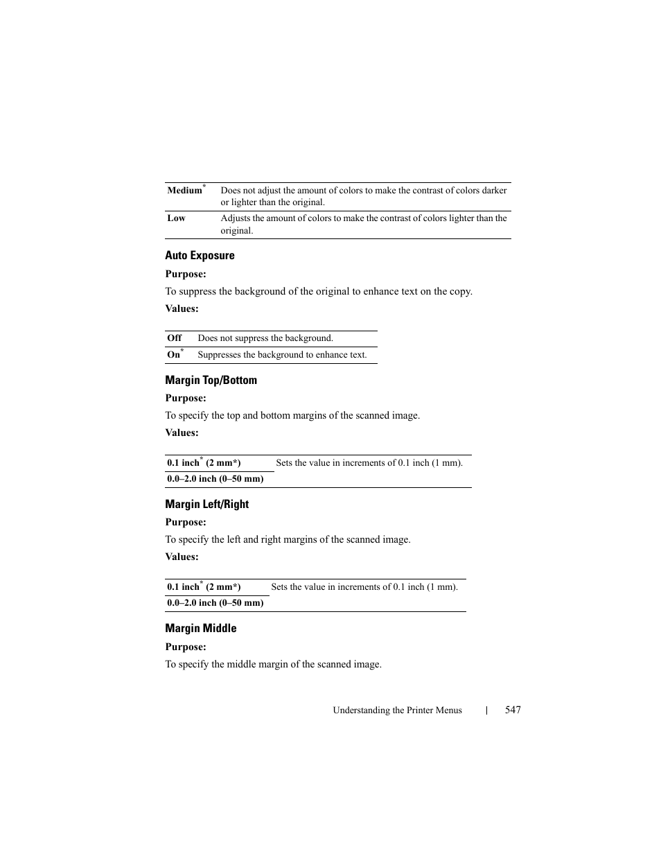 Auto exposure, Margin top/bottom, Margin left/right | Margin middle | Dell 2155cn/cdn Color Laser Printer User Manual | Page 549 / 761