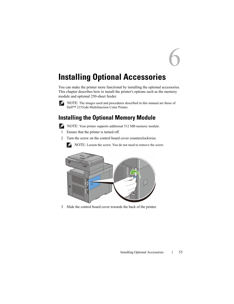 Installing optional accessories, Installing the optional memory module | Dell 2155cn/cdn Color Laser Printer User Manual | Page 55 / 761