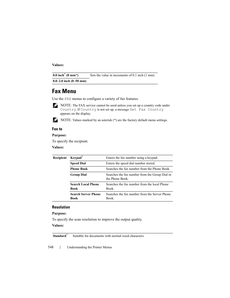 Fax menu, Fax to, Resolution | Dell 2155cn/cdn Color Laser Printer User Manual | Page 550 / 761