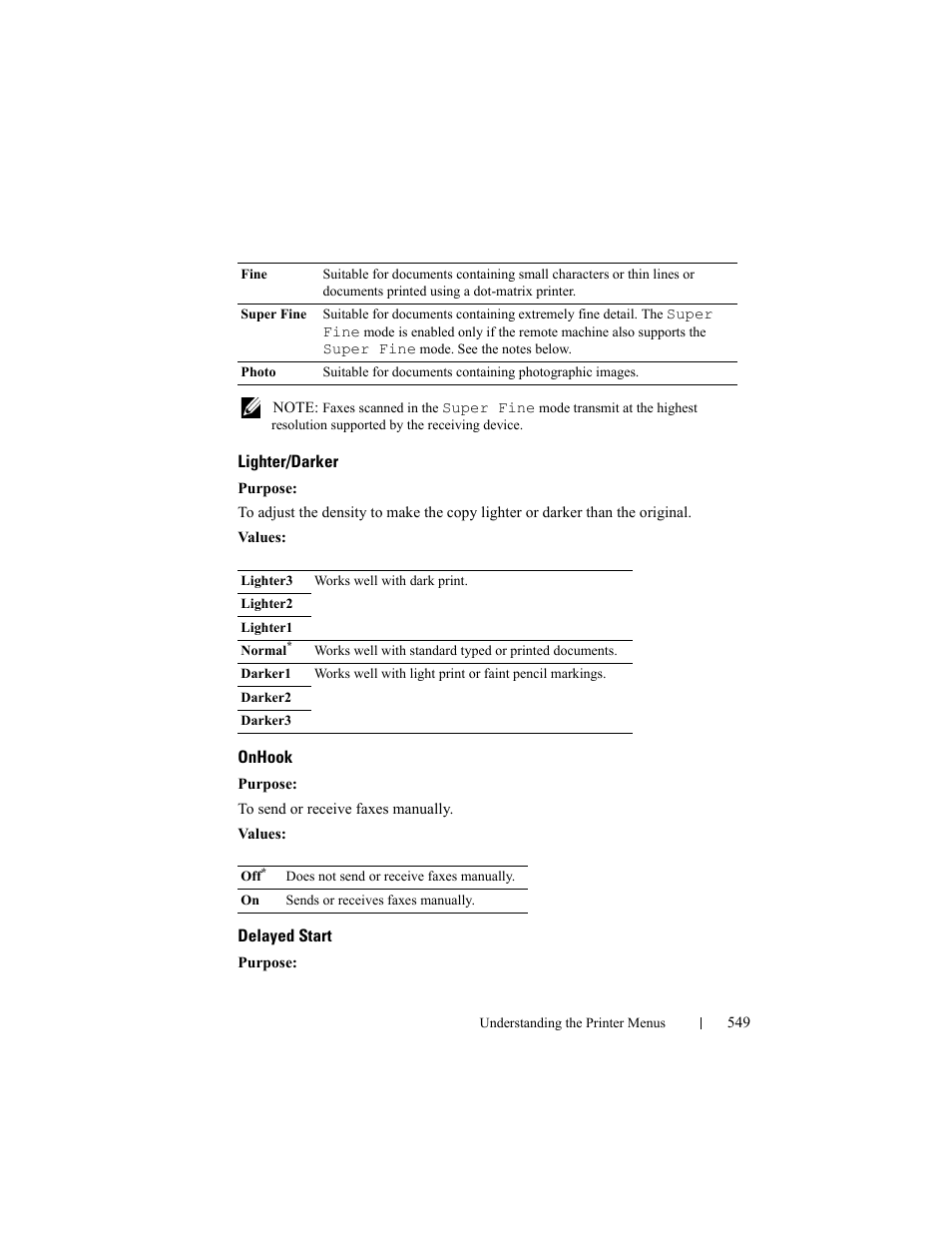 Lighter/darker, Onhook, Delayed start | Dell 2155cn/cdn Color Laser Printer User Manual | Page 551 / 761