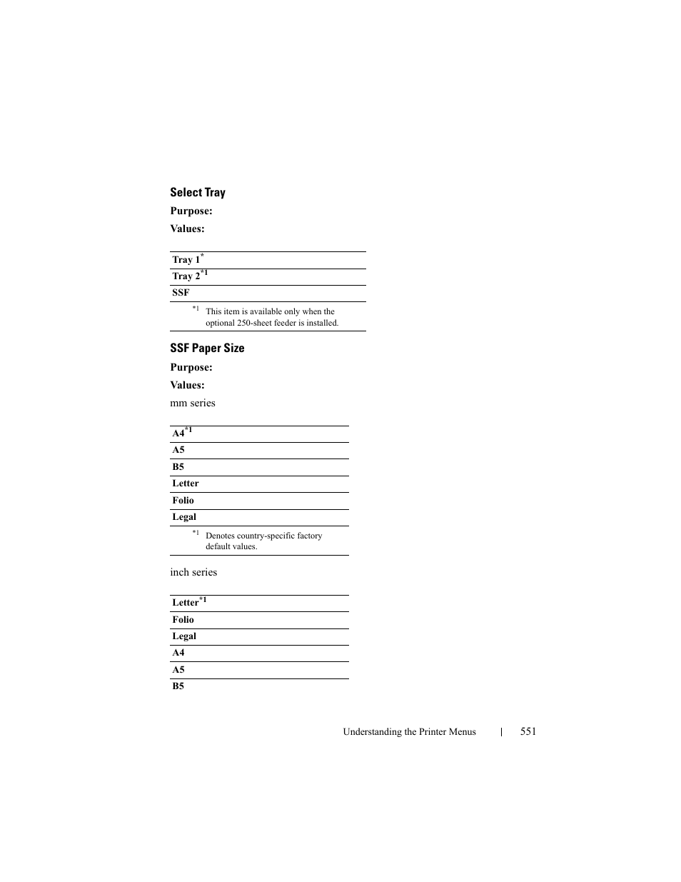 Select tray, Ssf paper size | Dell 2155cn/cdn Color Laser Printer User Manual | Page 553 / 761