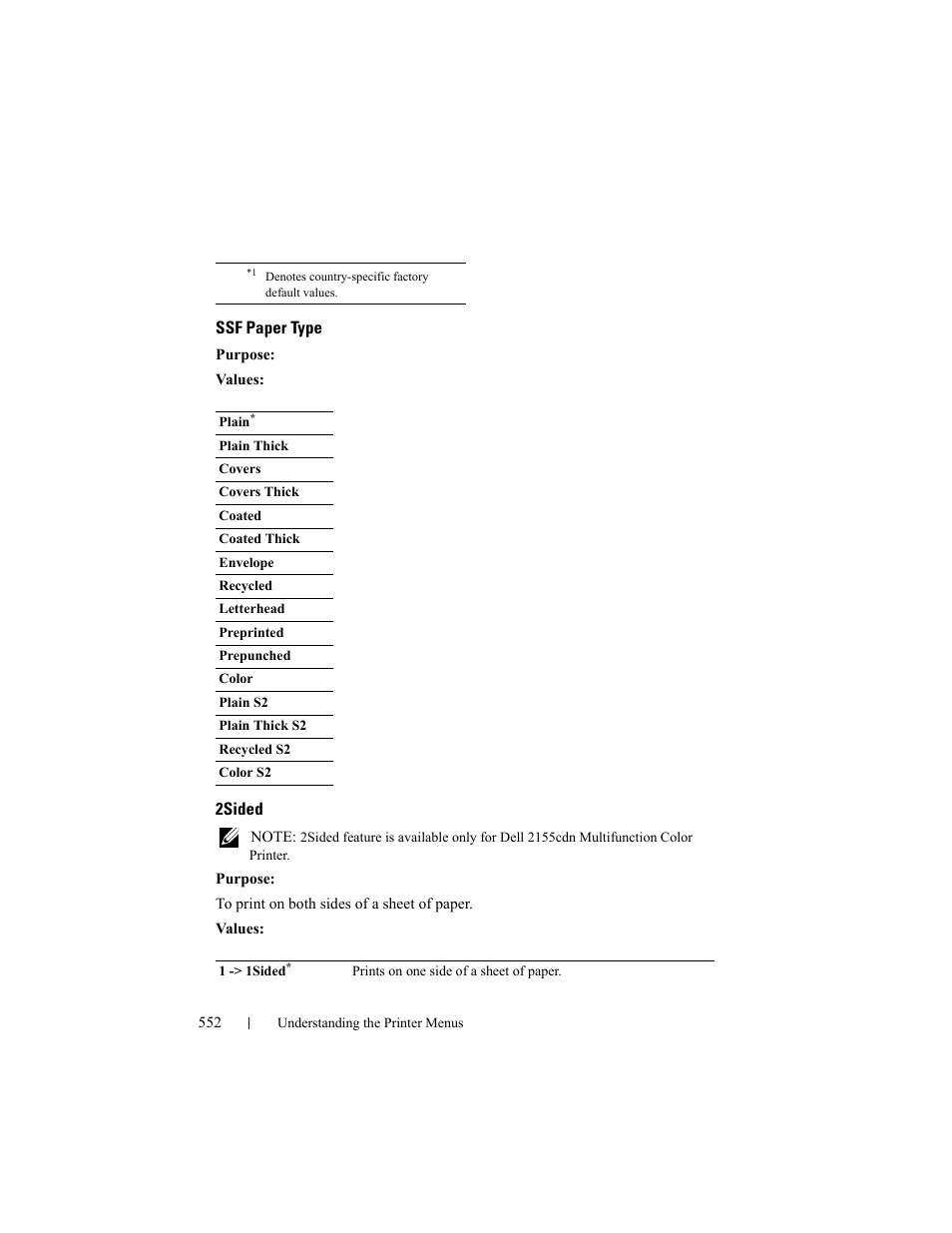 Ssf paper type, 2sided | Dell 2155cn/cdn Color Laser Printer User Manual | Page 554 / 761