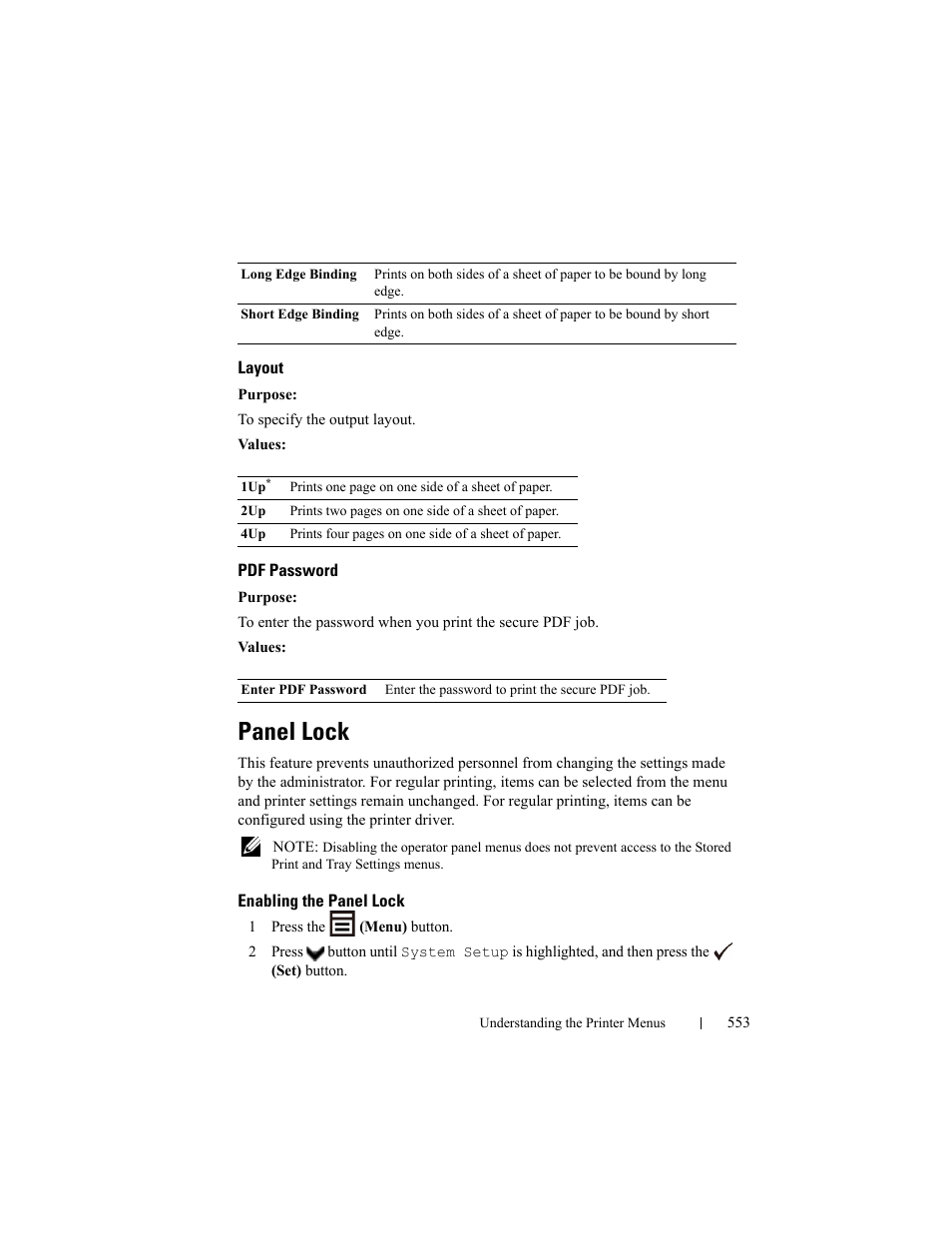 Layout, Pdf password, Panel lock | Enabling the panel lock | Dell 2155cn/cdn Color Laser Printer User Manual | Page 555 / 761