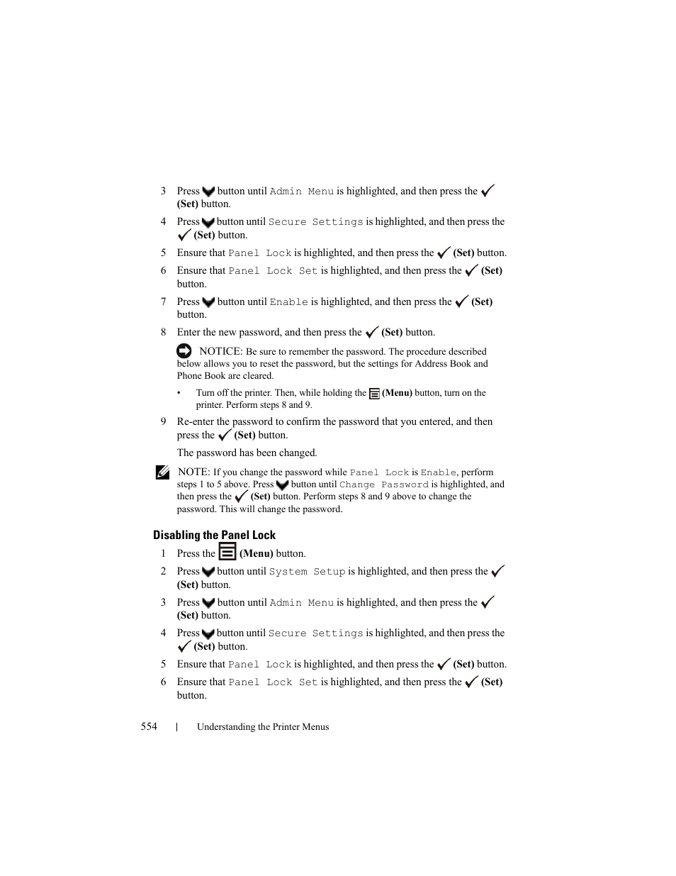 Disabling the panel lock | Dell 2155cn/cdn Color Laser Printer User Manual | Page 556 / 761