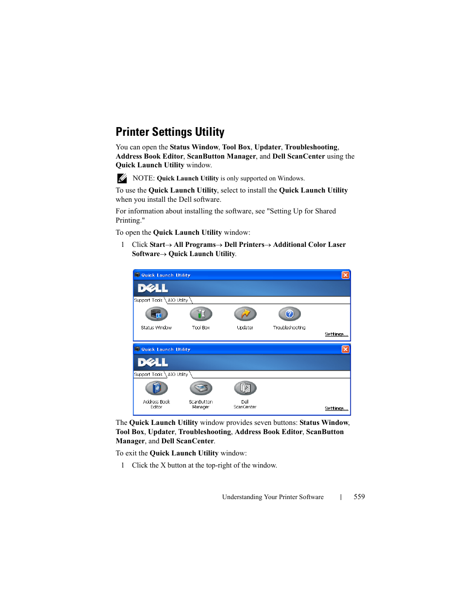Printer settings utility | Dell 2155cn/cdn Color Laser Printer User Manual | Page 561 / 761