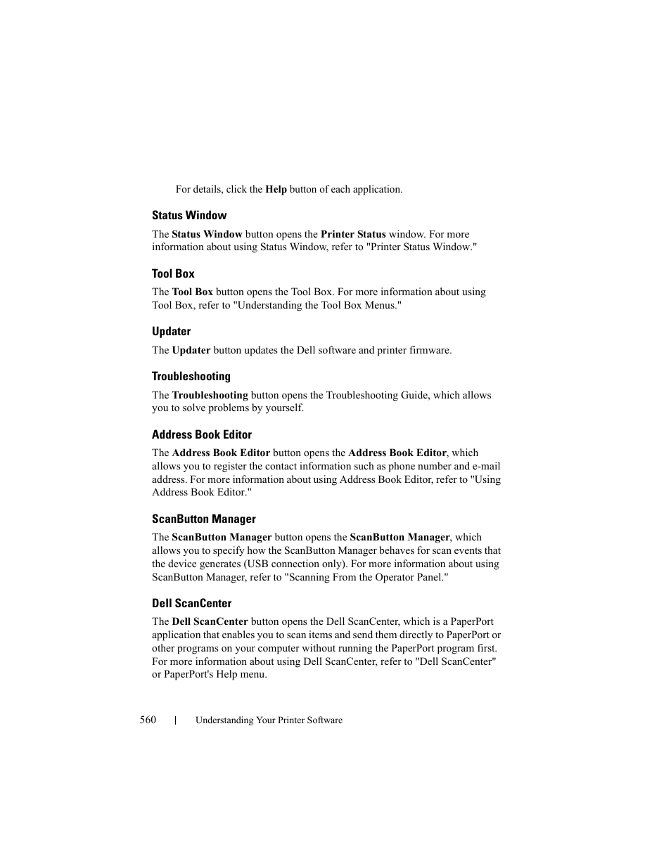 Status window, Tool box, Updater | Troubleshooting, Address book editor, Scanbutton manager, Dell scancenter | Dell 2155cn/cdn Color Laser Printer User Manual | Page 562 / 761