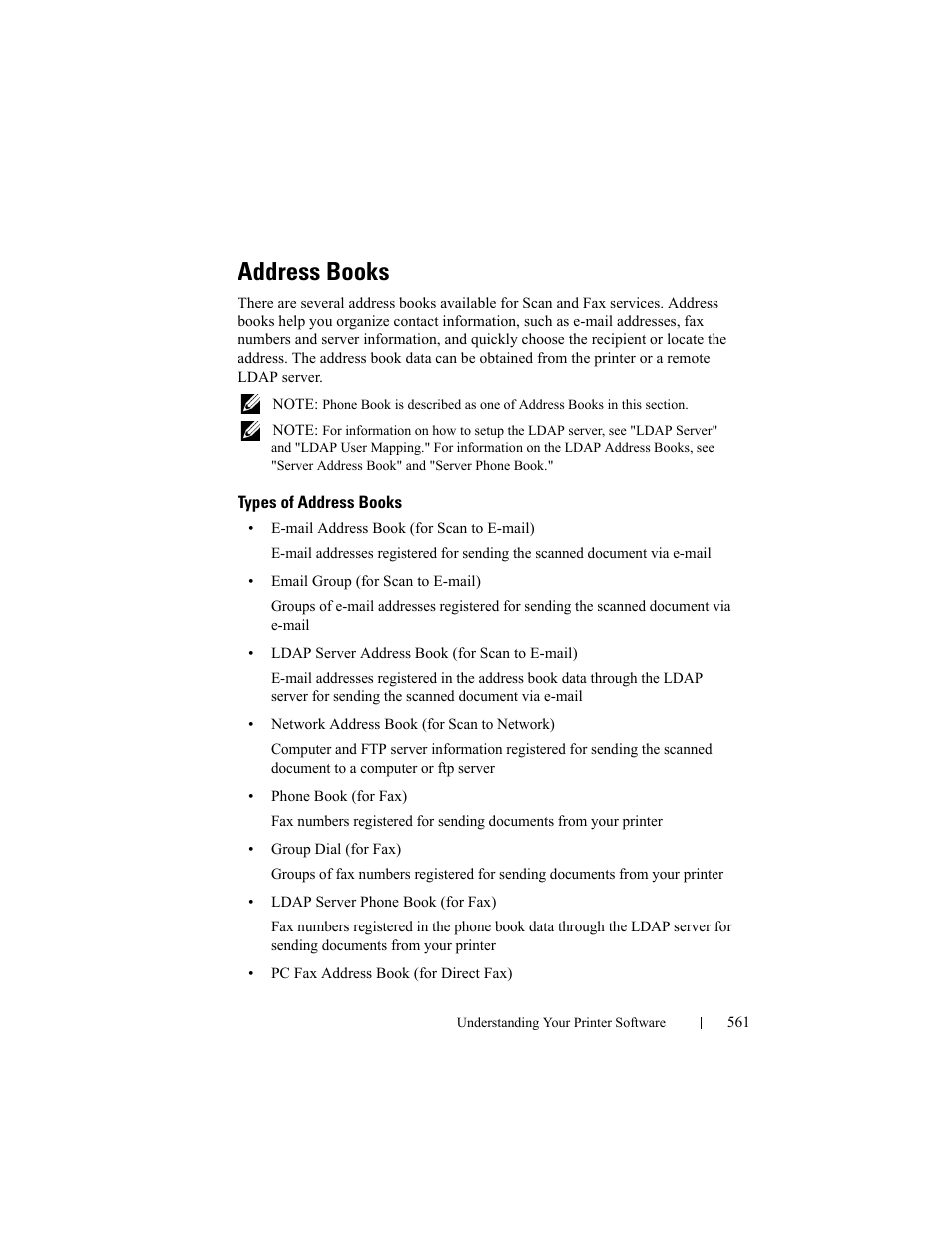 Address books, Types of address books | Dell 2155cn/cdn Color Laser Printer User Manual | Page 563 / 761