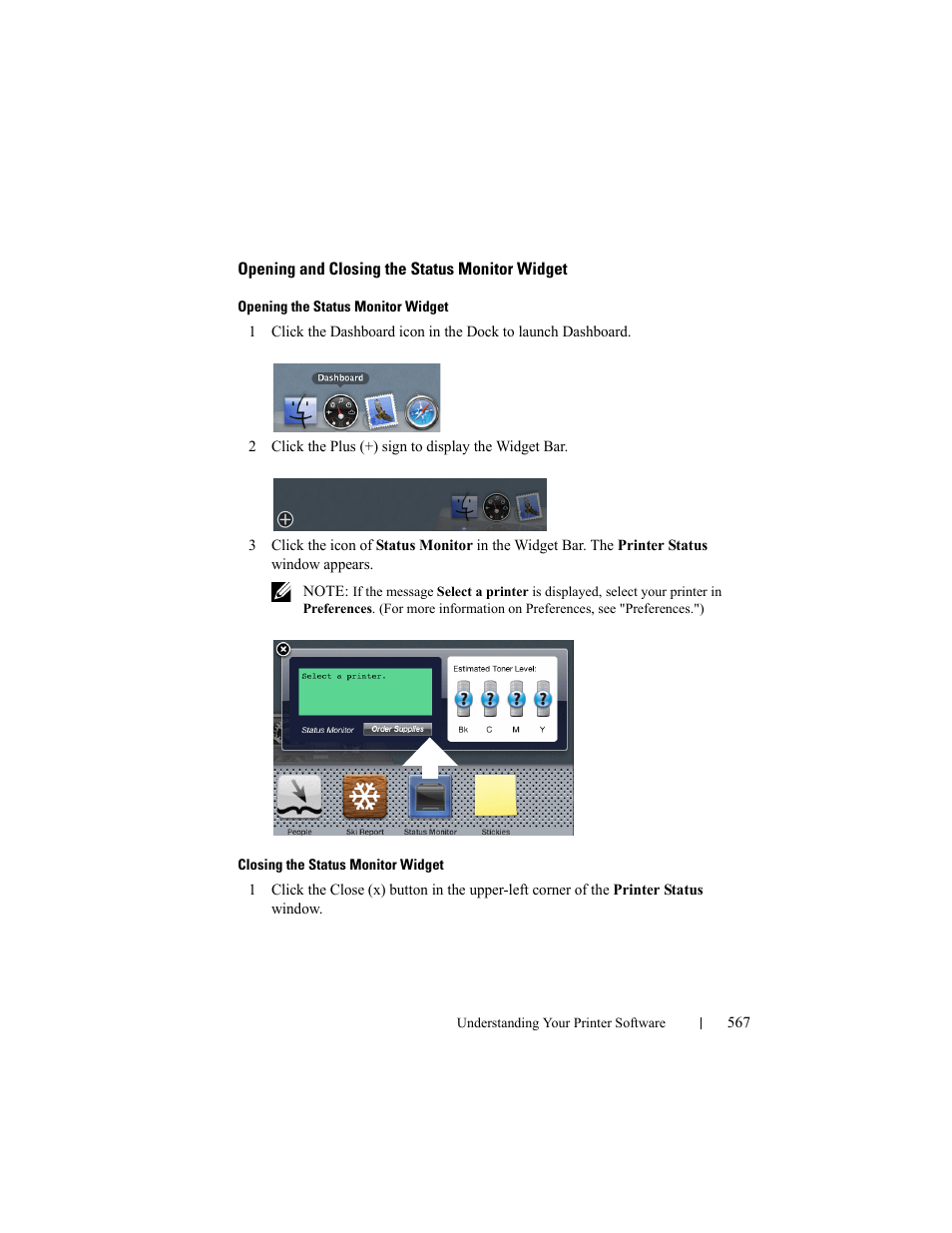 Opening and closing the status monitor widget | Dell 2155cn/cdn Color Laser Printer User Manual | Page 569 / 761