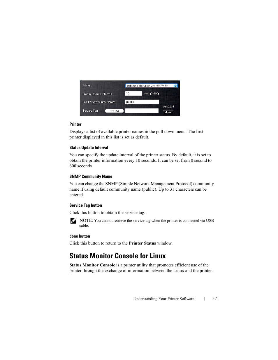 Status monitor console for linux | Dell 2155cn/cdn Color Laser Printer User Manual | Page 573 / 761