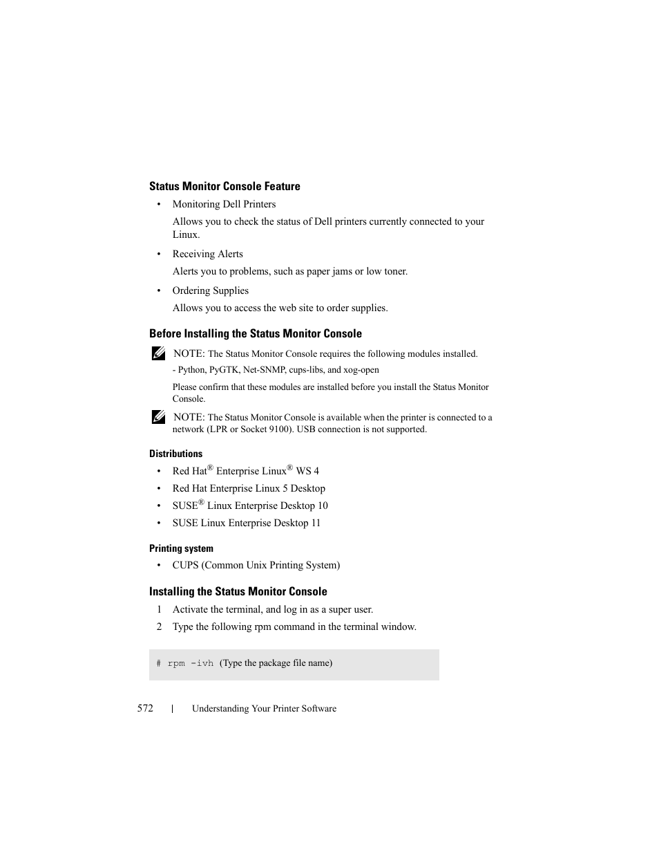 Status monitor console feature, Before installing the status monitor console, Installing the status monitor console | Dell 2155cn/cdn Color Laser Printer User Manual | Page 574 / 761