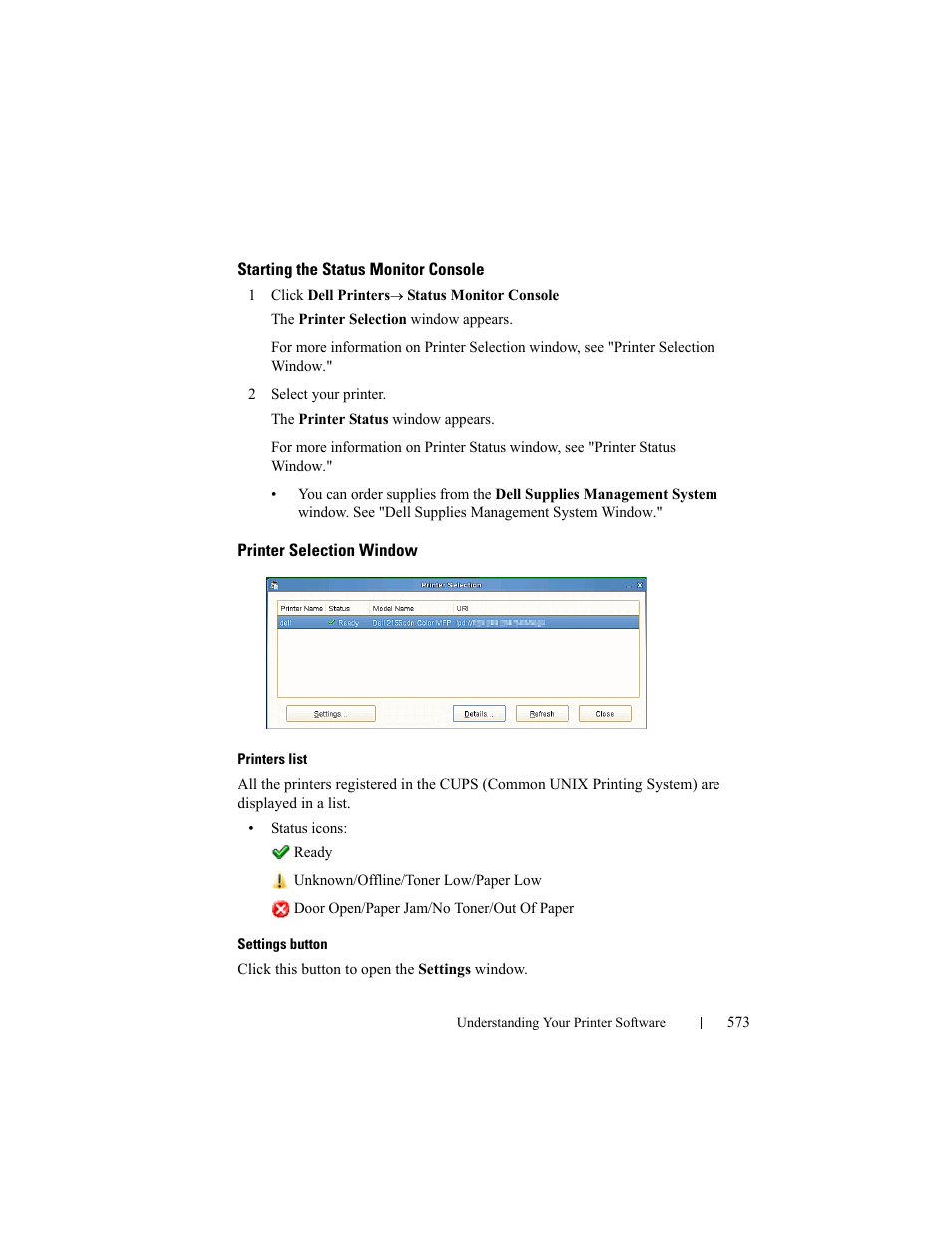 Starting the status monitor console, Printer selection window | Dell 2155cn/cdn Color Laser Printer User Manual | Page 575 / 761