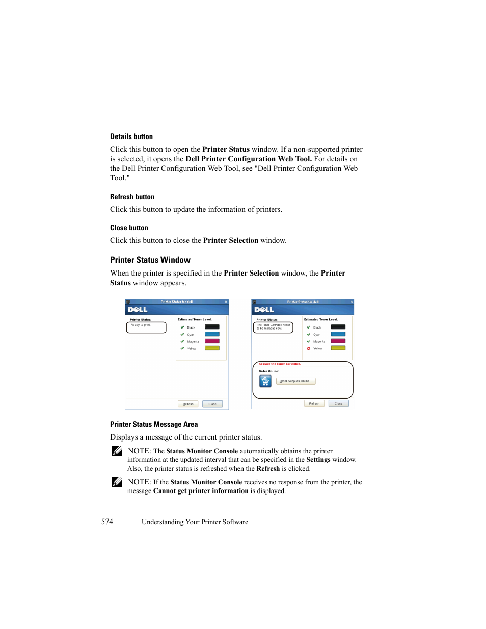 Printer status window | Dell 2155cn/cdn Color Laser Printer User Manual | Page 576 / 761