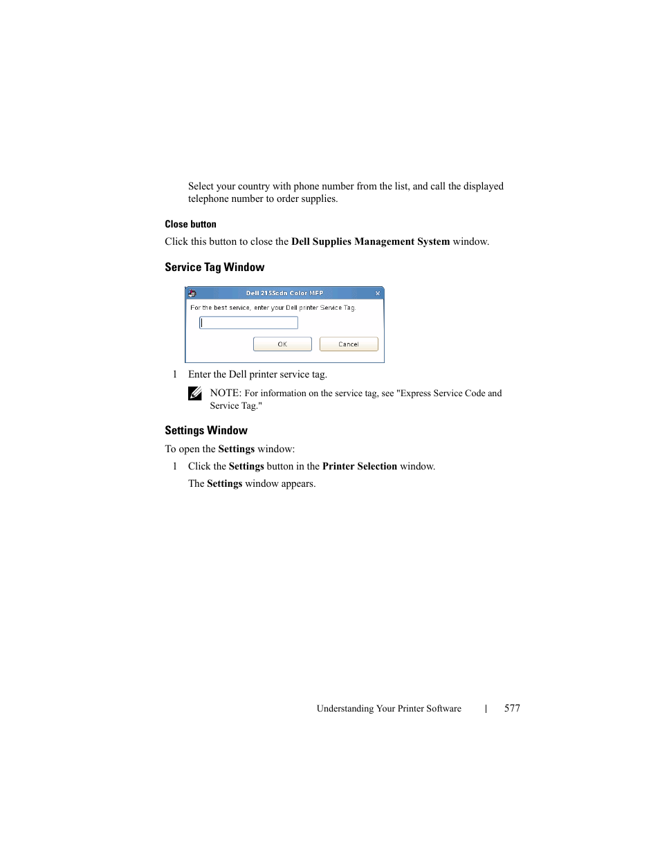 Service tag window, Settings window | Dell 2155cn/cdn Color Laser Printer User Manual | Page 579 / 761