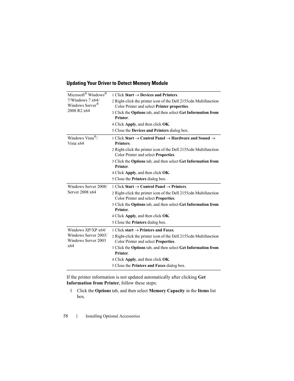 Updating your driver to detect memory module | Dell 2155cn/cdn Color Laser Printer User Manual | Page 60 / 761