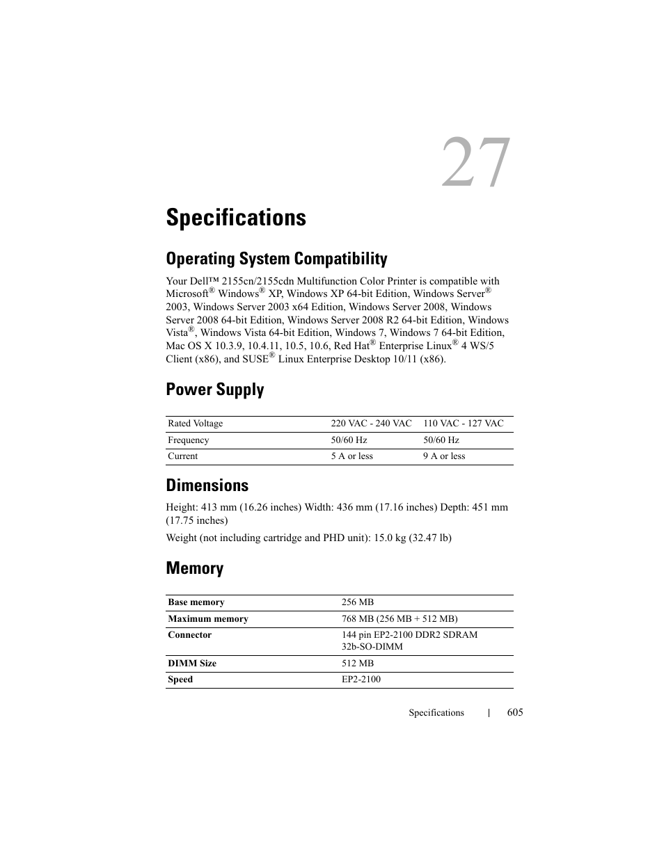 Specifications, Operating system compatibility, Power supply | Dimensions, Memory, Power supply dimensions | Dell 2155cn/cdn Color Laser Printer User Manual | Page 607 / 761