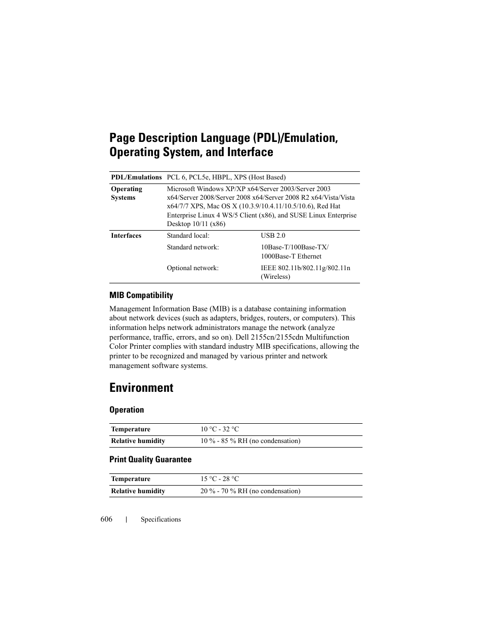 Mib compatibility, Environment, Operation | Print quality guarantee | Dell 2155cn/cdn Color Laser Printer User Manual | Page 608 / 761
