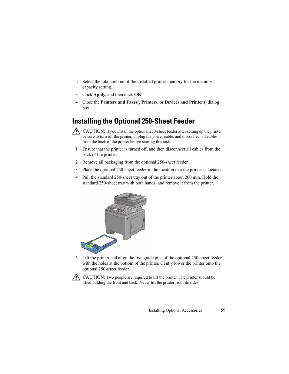 Installing the optional 250-sheet feeder | Dell 2155cn/cdn Color Laser Printer User Manual | Page 61 / 761