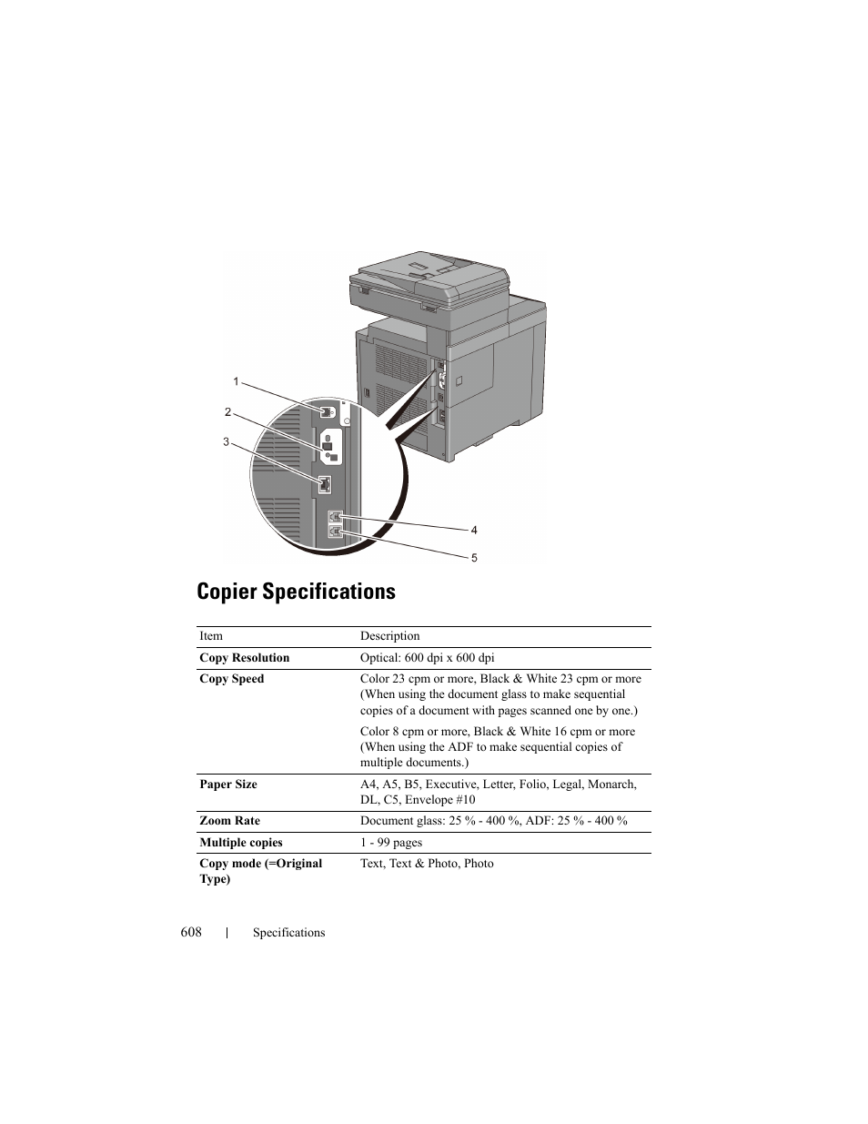 Copier specifications | Dell 2155cn/cdn Color Laser Printer User Manual | Page 610 / 761