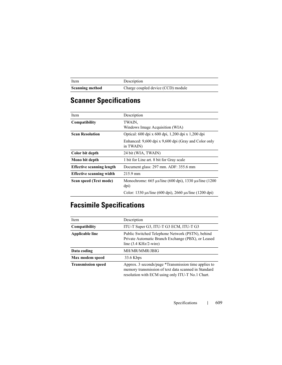 Scanner specifications, Facsimile specifications, Scanner specifications facsimile specifications | Dell 2155cn/cdn Color Laser Printer User Manual | Page 611 / 761