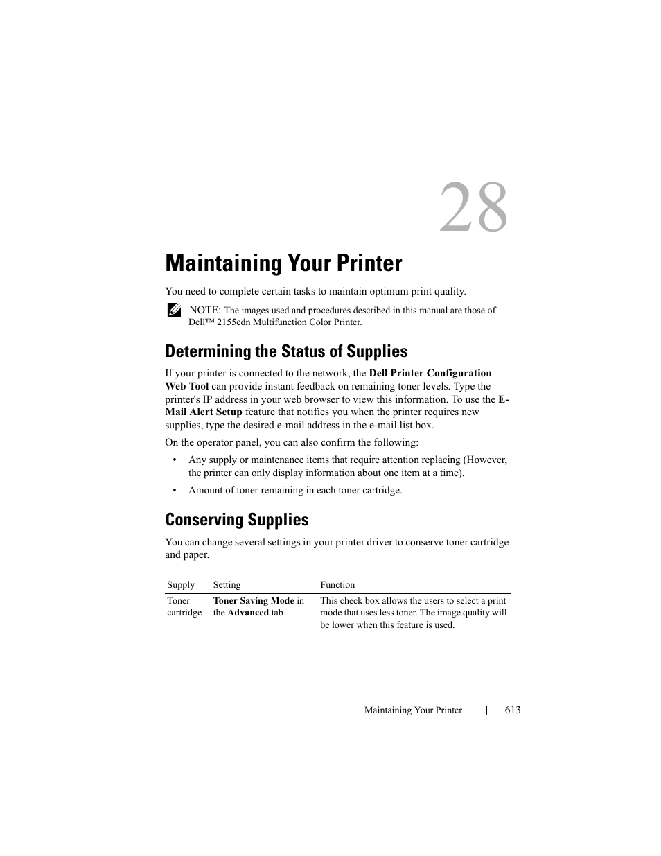 Maintaining your printer, Determining the status of supplies, Conserving supplies | Dell 2155cn/cdn Color Laser Printer User Manual | Page 615 / 761