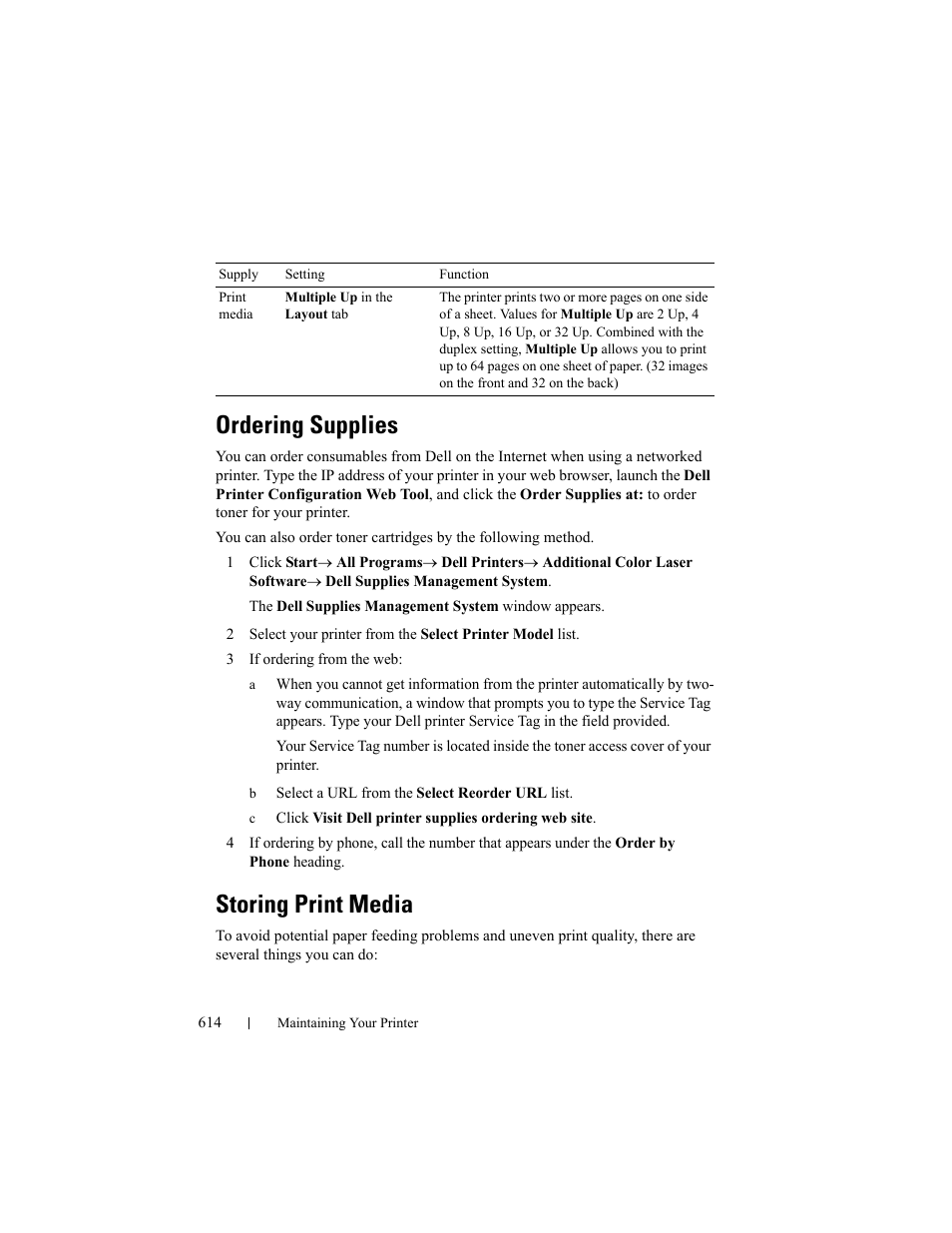 Ordering supplies, Storing print media, Multiple up in the layout tab | Dell 2155cn/cdn Color Laser Printer User Manual | Page 616 / 761