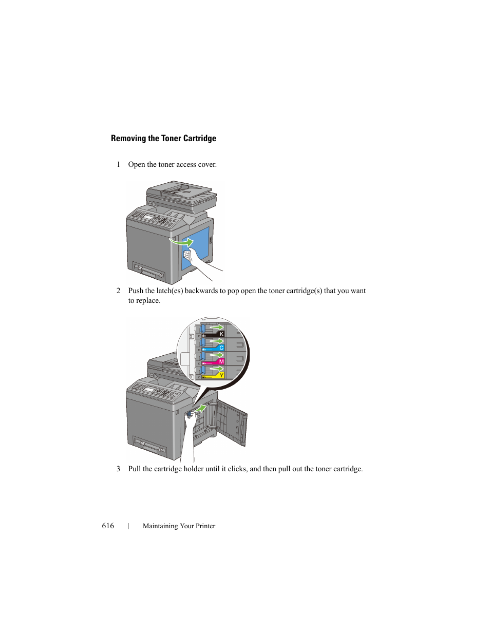 Removing the toner cartridge | Dell 2155cn/cdn Color Laser Printer User Manual | Page 618 / 761