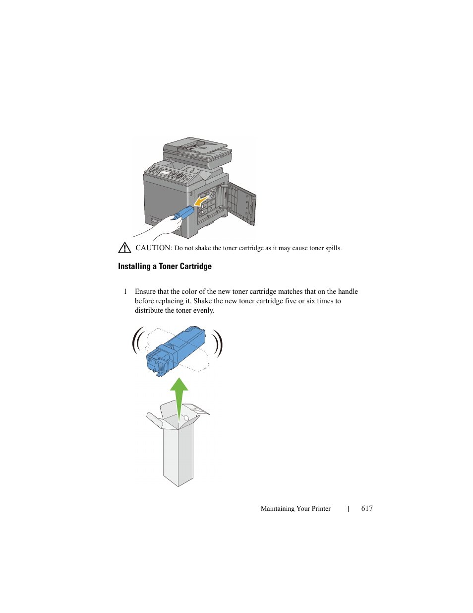 Installing a toner cartridge | Dell 2155cn/cdn Color Laser Printer User Manual | Page 619 / 761