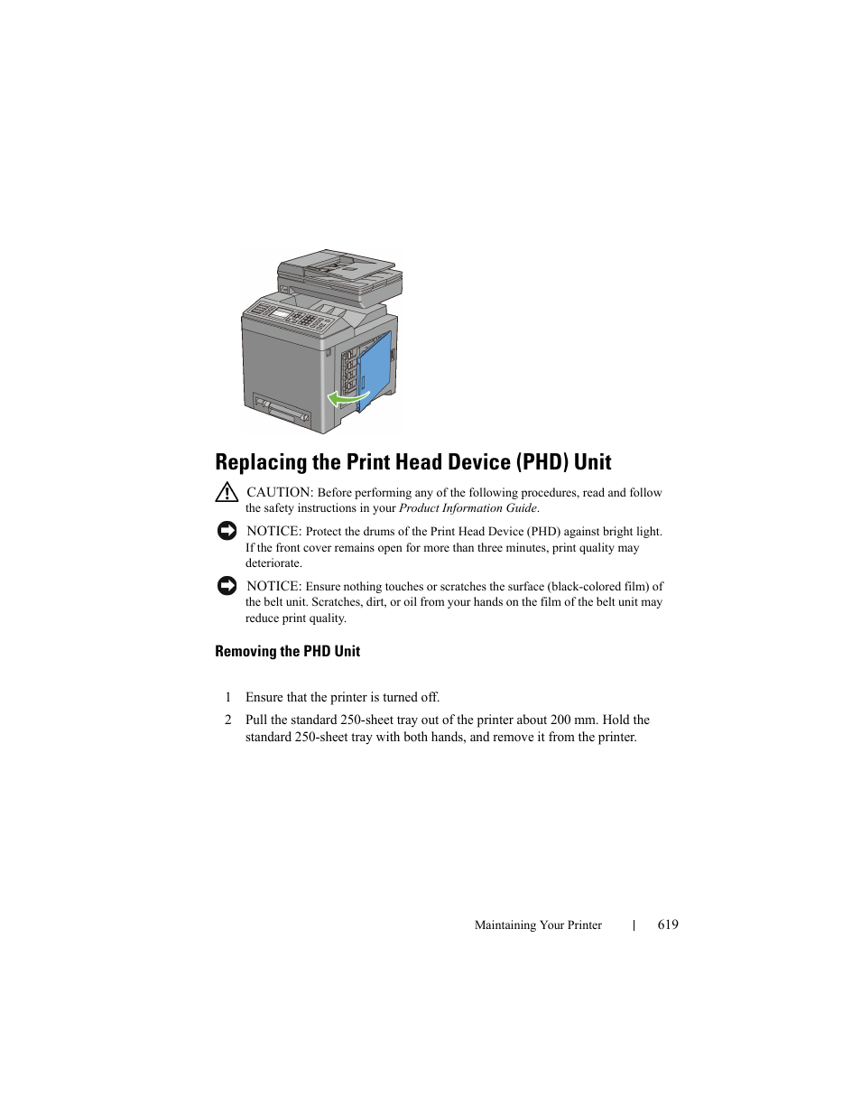 Replacing the print head device (phd) unit, Removing the phd unit | Dell 2155cn/cdn Color Laser Printer User Manual | Page 621 / 761