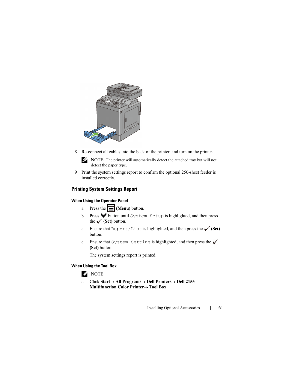 Printing system settings report | Dell 2155cn/cdn Color Laser Printer User Manual | Page 63 / 761