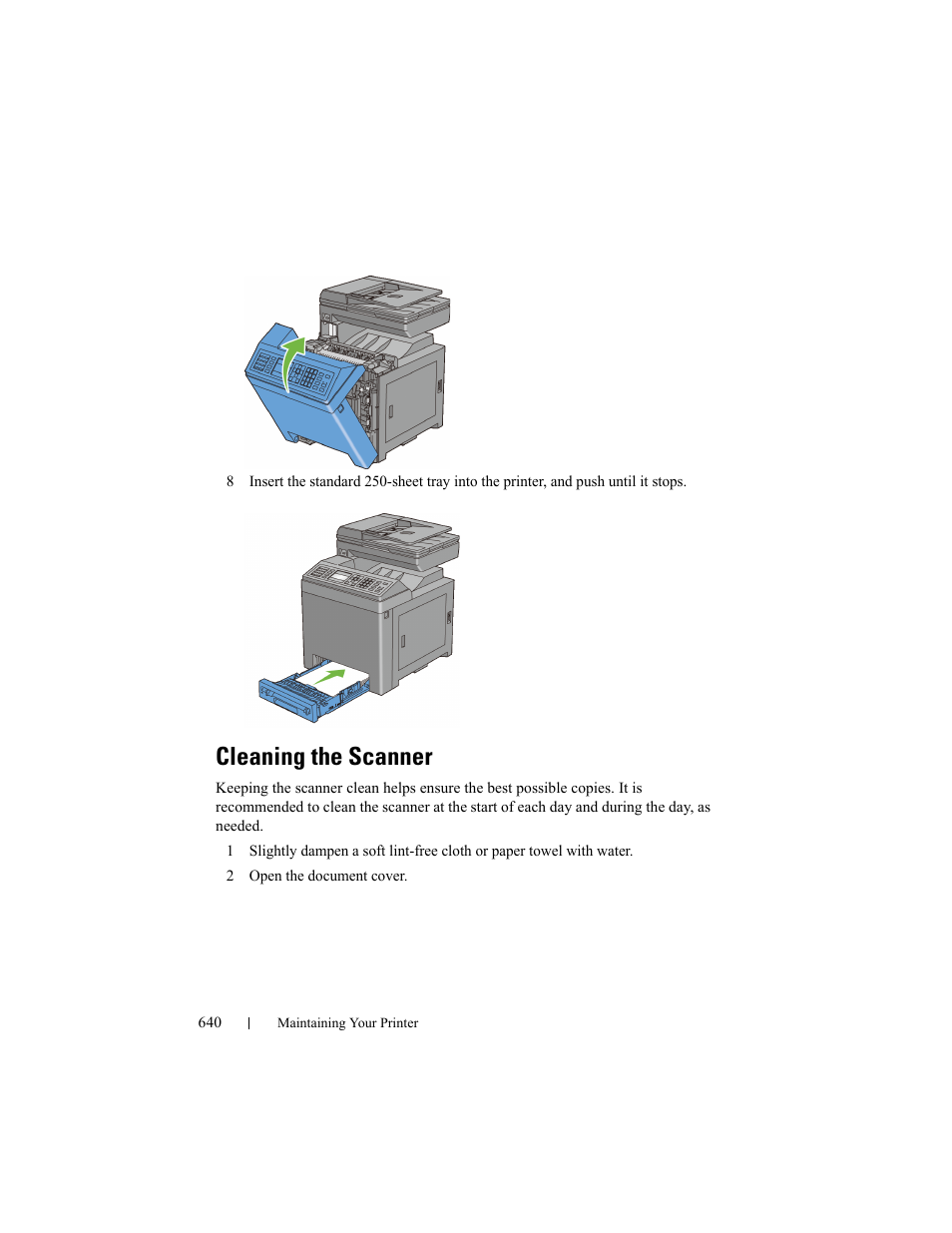 Cleaning the scanner | Dell 2155cn/cdn Color Laser Printer User Manual | Page 642 / 761