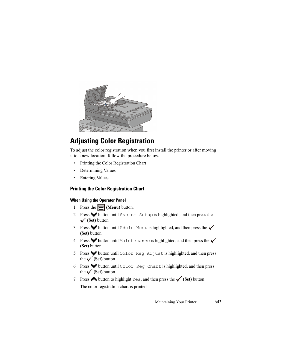 Adjusting color registration, Printing the color registration chart | Dell 2155cn/cdn Color Laser Printer User Manual | Page 645 / 761
