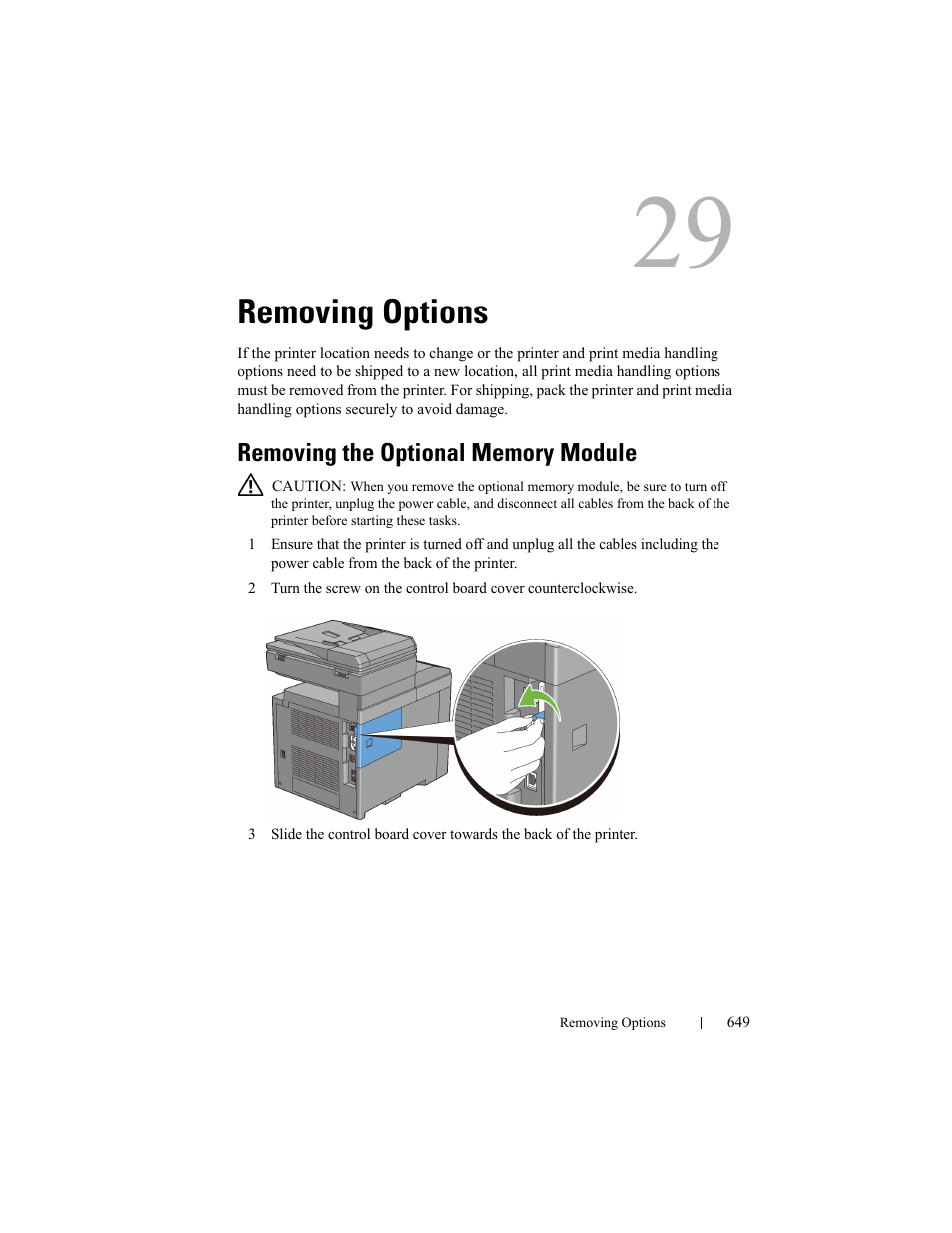 Removing options, Removing the optional memory module | Dell 2155cn/cdn Color Laser Printer User Manual | Page 651 / 761