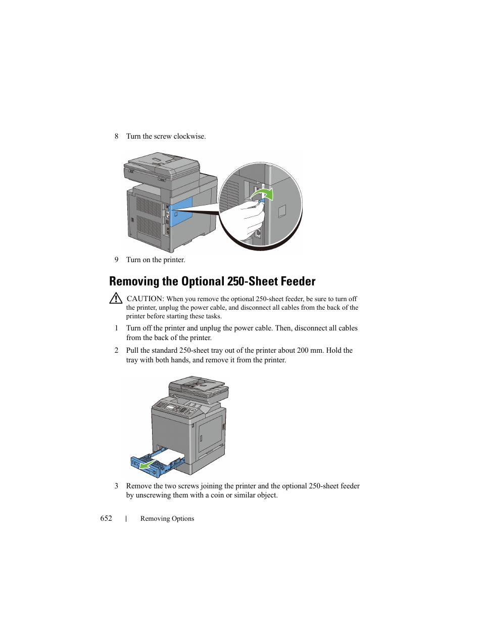 Removing the optional 250-sheet feeder | Dell 2155cn/cdn Color Laser Printer User Manual | Page 654 / 761