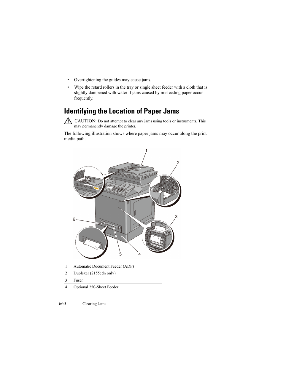 Identifying the location of paper jams | Dell 2155cn/cdn Color Laser Printer User Manual | Page 662 / 761