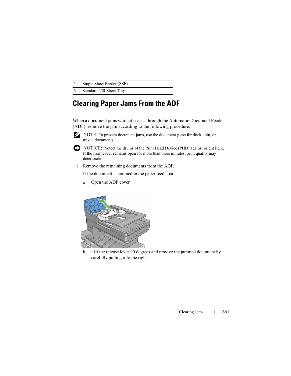 Clearing paper jams from the adf | Dell 2155cn/cdn Color Laser Printer User Manual | Page 663 / 761