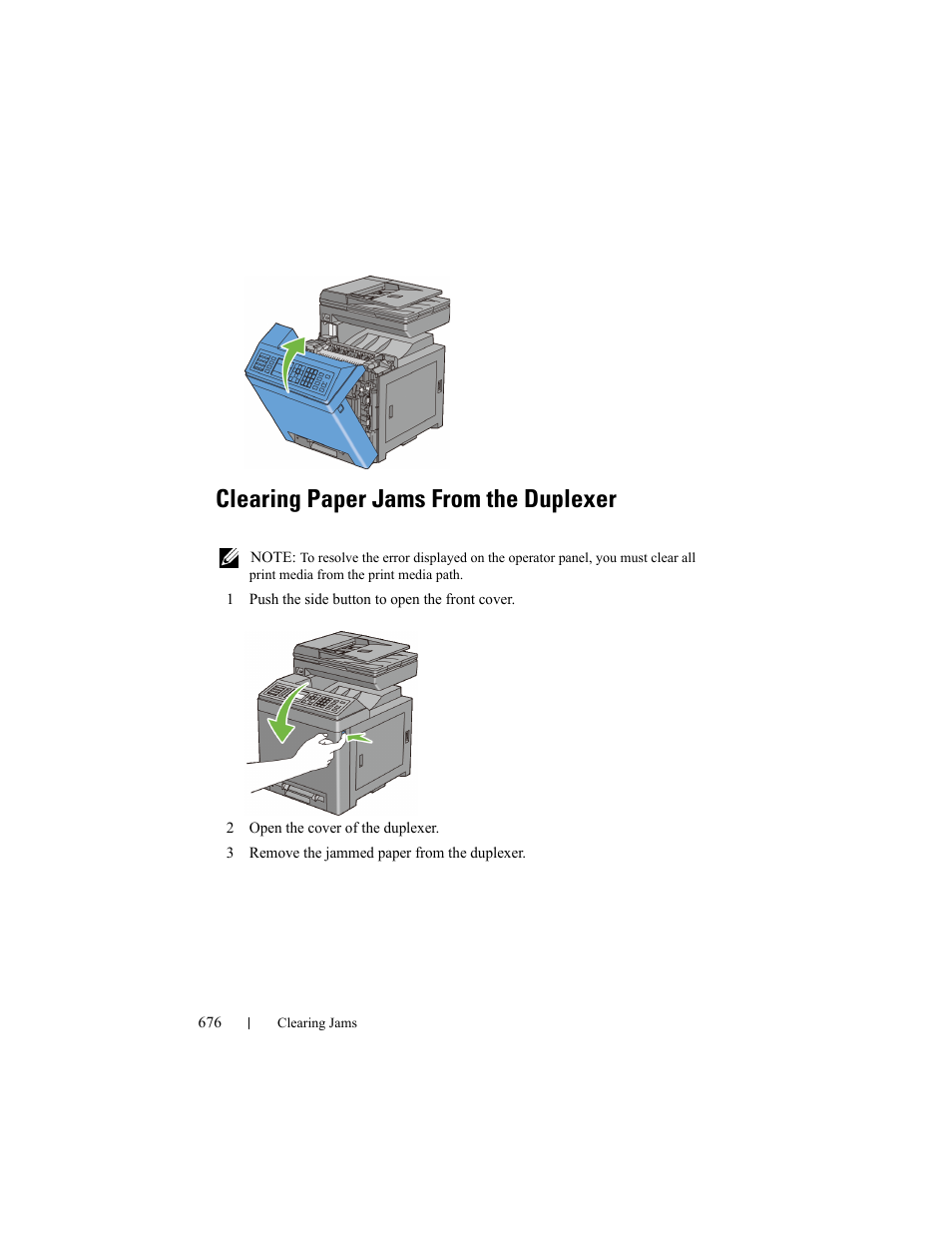 Clearing paper jams from the duplexer | Dell 2155cn/cdn Color Laser Printer User Manual | Page 678 / 761