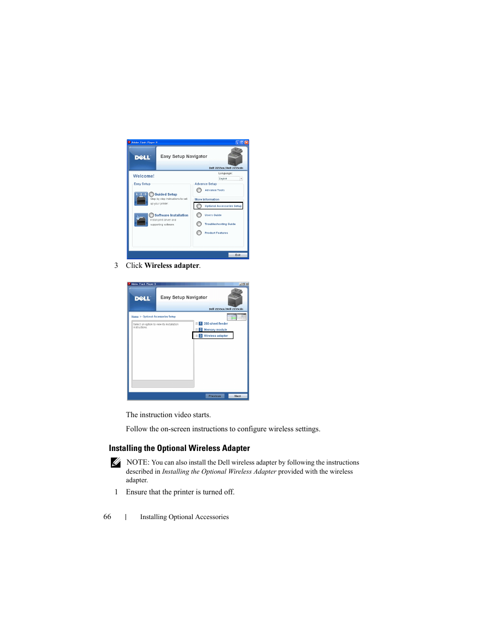 Installing the optional wireless adapter | Dell 2155cn/cdn Color Laser Printer User Manual | Page 68 / 761