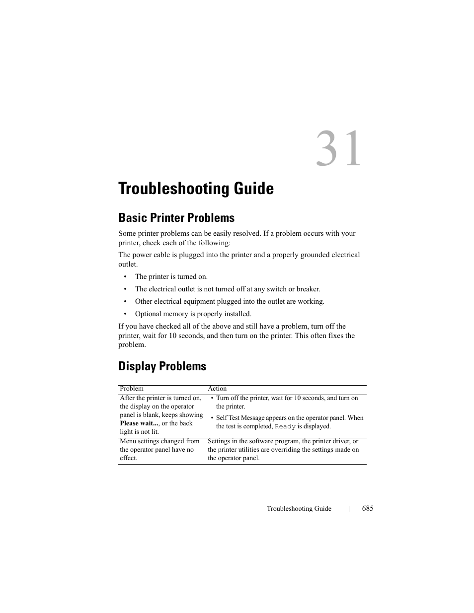 Troubleshooting guide, Basic printer problems, Display problems | Dell 2155cn/cdn Color Laser Printer User Manual | Page 687 / 761