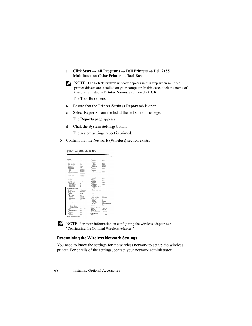 Determining the wireless network settings | Dell 2155cn/cdn Color Laser Printer User Manual | Page 70 / 761