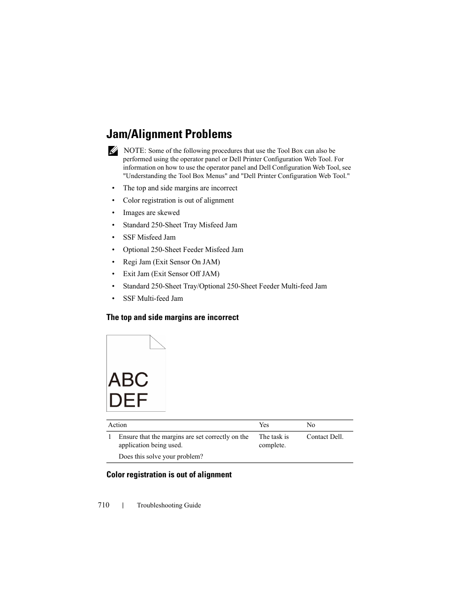 Jam/alignment problems, The top and side margins are incorrect, Color registration is out of alignment | Dell 2155cn/cdn Color Laser Printer User Manual | Page 712 / 761