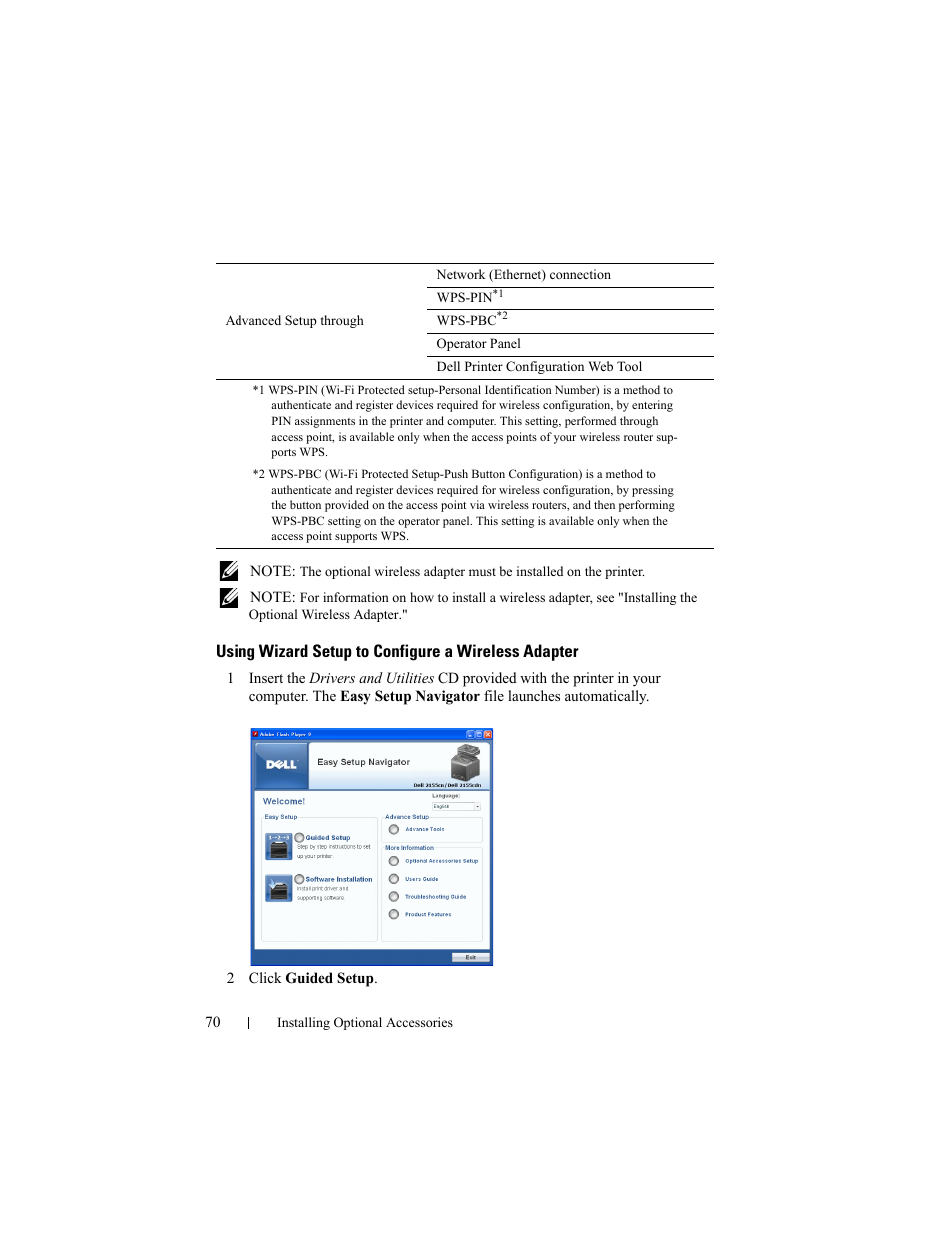 Using wizard setup to configure a wireless adapter | Dell 2155cn/cdn Color Laser Printer User Manual | Page 72 / 761