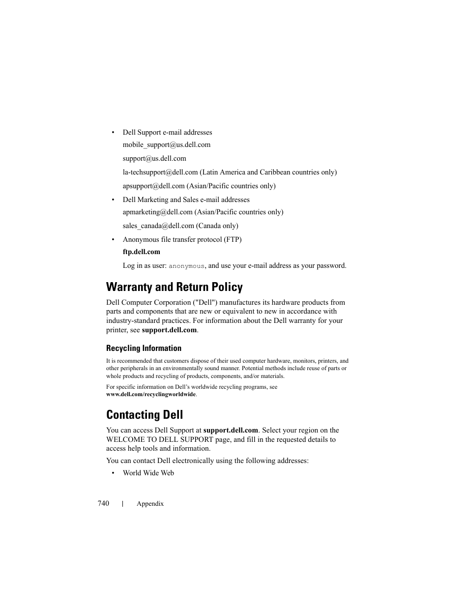 Warranty and return policy, Recycling information, Contacting dell | Dell 2155cn/cdn Color Laser Printer User Manual | Page 742 / 761