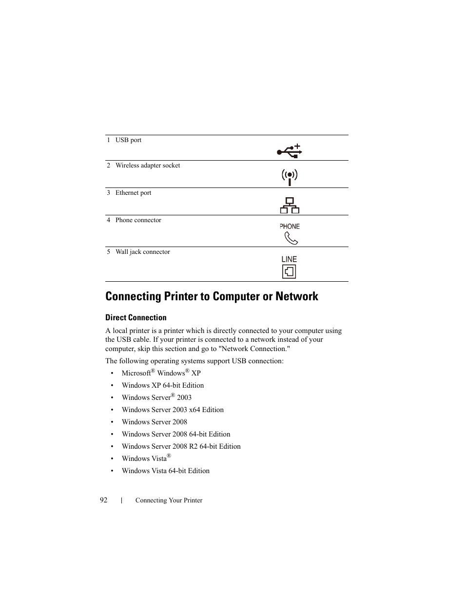 Connecting printer to computer or network, Direct connection | Dell 2155cn/cdn Color Laser Printer User Manual | Page 94 / 761