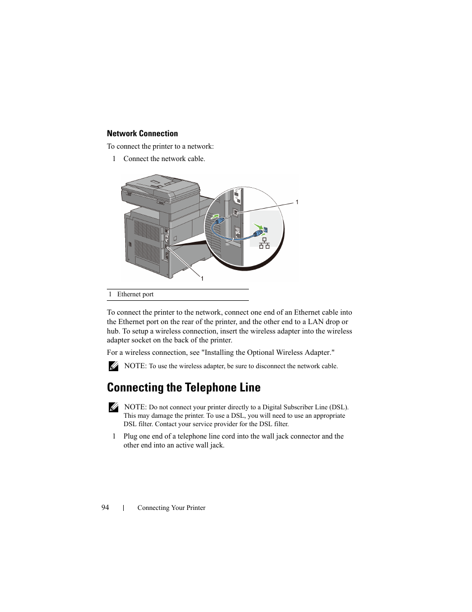 Network connection, Connecting the telephone line | Dell 2155cn/cdn Color Laser Printer User Manual | Page 96 / 761