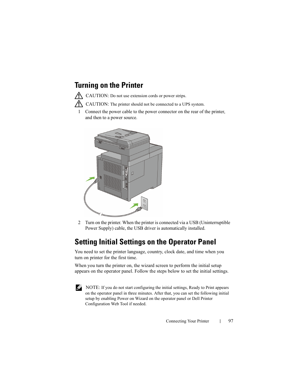 Turning on the printer, Setting initial settings on the operator panel | Dell 2155cn/cdn Color Laser Printer User Manual | Page 99 / 761