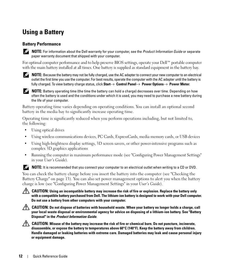 Using a battery, Battery performance | Dell Latitude D531 (Mid 2007) User Manual | Page 12 / 94