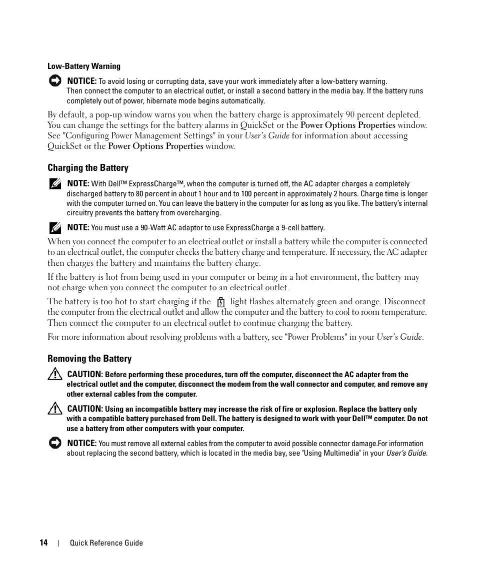 Charging the battery, Removing the battery | Dell Latitude D531 (Mid 2007) User Manual | Page 14 / 94