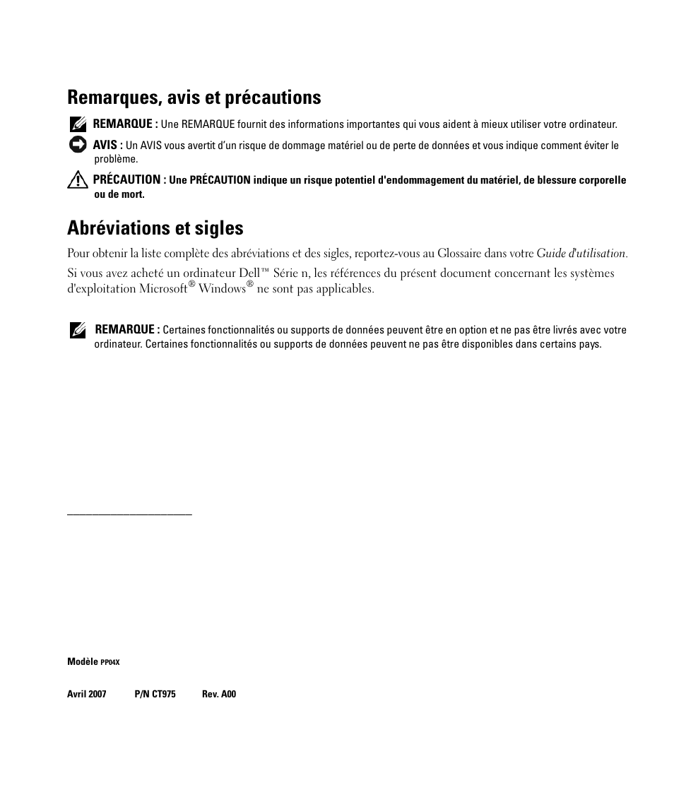 Remarques, avis et précautions, Abréviations et sigles | Dell Latitude D531 (Mid 2007) User Manual | Page 24 / 94